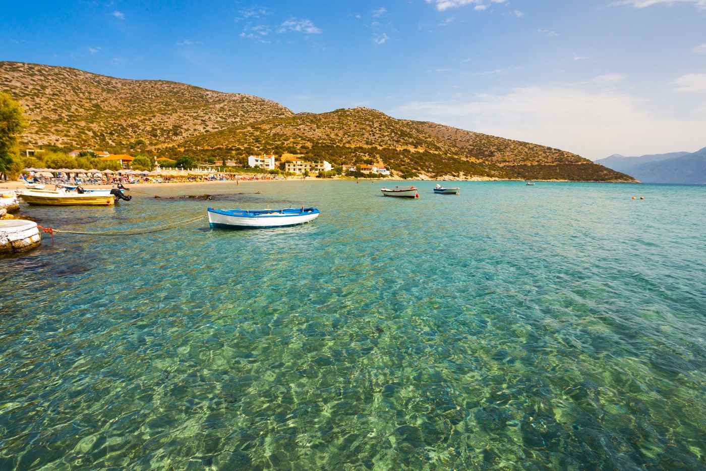 Psili Ammos Beach with golden fine sand and crystal-clear turquoise waters
